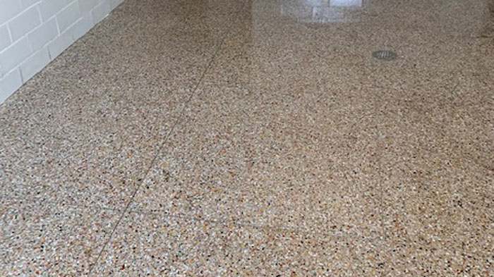 Commercial Terrazzo restoration, polish & seal of school bathrooms in Mound, MN.